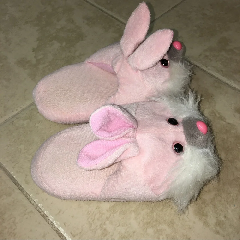 Pink bunny slippers with fur and cute eyes Child slippers, 7 inches long